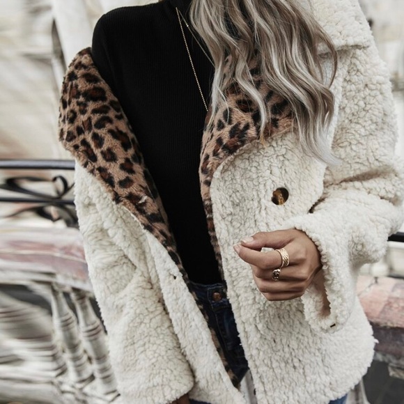 LAST! New Leopard Cozy Teddy Shearling Coat Jacket - Picture 3 of 6